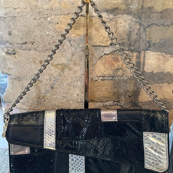 BEBE black, silver, metallic snakeskin patterns with chunky silver chain strap - Picture 3 of 8